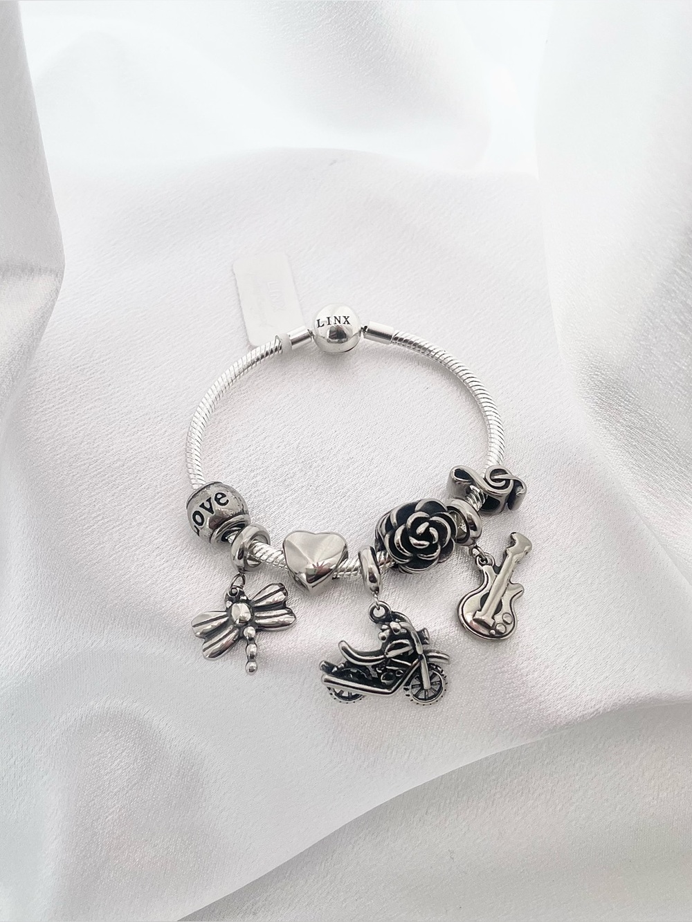 Linx Snake Chain Bracelet with Motorcycle & Music Themed Charms